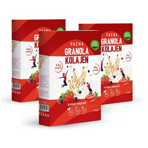 PACHANOLA Doğal Kolajen ve Proteinli Granola | Kırmızı Meyveli | 3’lü Paket